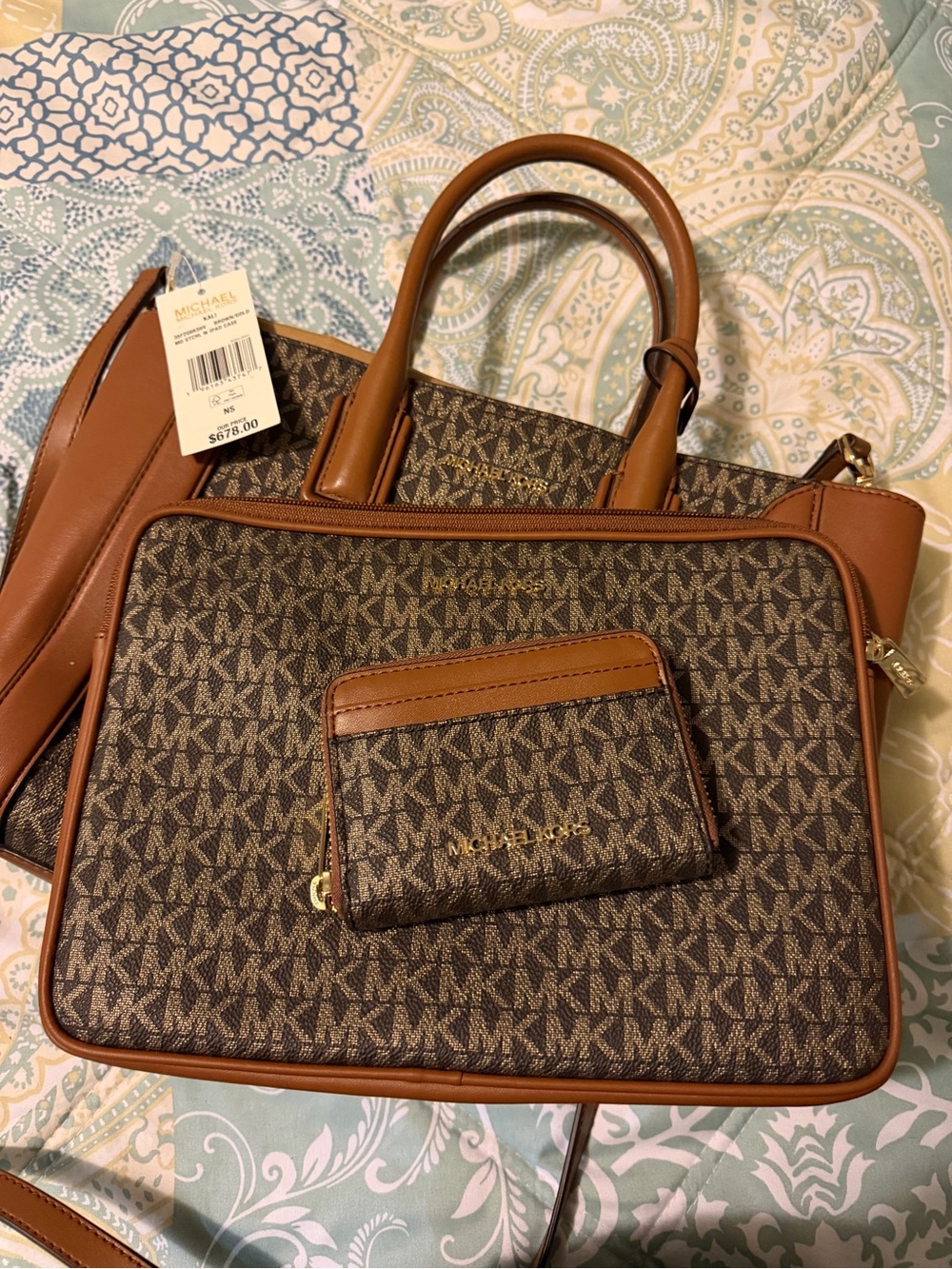 Michael Kors Brown/Tan MK Monogram Tote with Matching Card Case